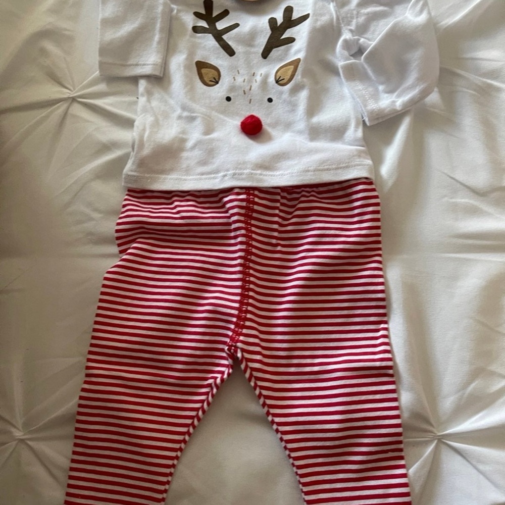 Mud Pie Festive White Baby Shirt with Red and Brown Reindeer